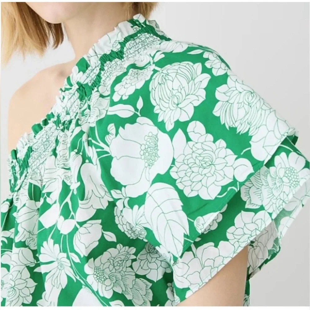J. Crew Smocked One-Shoulder Cotton Top in Kelly Green - Sz. Medium - BNWT
